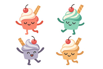 Four cute happy dancing dessert characters with whipped cream and cherry topping