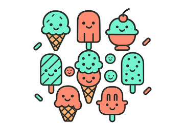 Collection of smiling frozen desserts including ice cream and popsicles