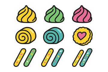 Colorful sweet dessert icons featuring meringues rolled cakes and heart cookies