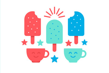Colorful frozen treats and cheerful mugs decorated with stars and light beams