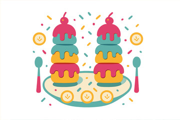 Brightly colored stacked sweet treats topped with cherries, floating sprinkles, and serving spoons