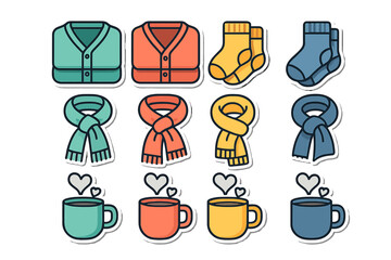 Cozy winter essentials collection featuring colorful sweaters, knitted scarves, socks, and hot mugs