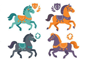 Four decorated running horses in various colors with shields and laurel wreaths