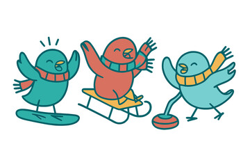 Happy cartoon birds engaging in winter sports activities snowboarding sledding and curling