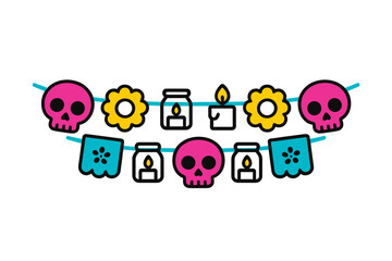 Colorful Day of the Dead garland with sugar skulls marigolds and lit candles bunting