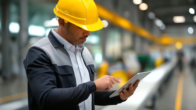 Faceless engineer holding a tablet, standing between a conveyor line and a steel building frame, background mildly defocused, soft industrial lighting, with copy space