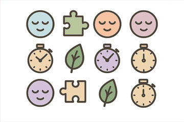 Obraz premium Minimalist symbols representing concepts of mindfulness, efficiency, nature, and solution finding