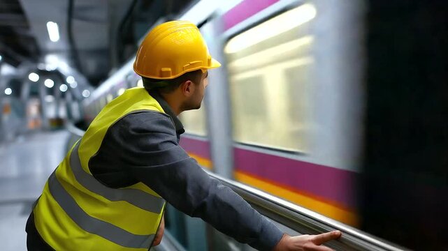 Faceless engineer inspecting structural columns while conveyor belts run behind in a blurred layer, subtle textures, with copy space