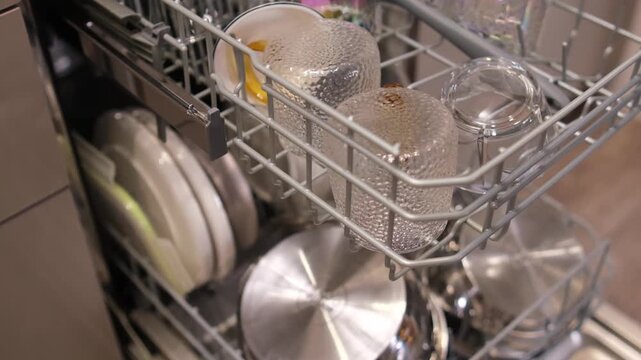 Dishes and glasses are carefully arranged in the dishwasher to ensure thorough cleaning in a contemporary kitchen setting.