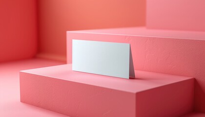 Blank white card on a pink geometric platform display with a pink background
