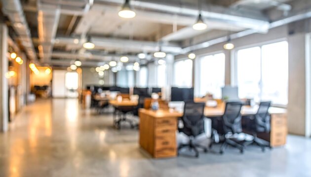 Bright and spacious office space in an unfocused view. Modern blurred background photo for banner, poster or magazine and website background. High quality