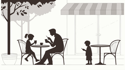Silhouette of family at outdoor cafe with father, daughter, and son using their phones and drinking coffee