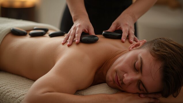 Warm Stone Massage Session in a Tranquil Spa Setting With a Calm Atmosphere