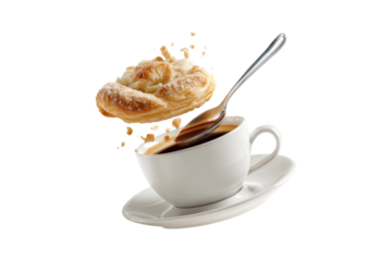 Flaky pastry falling above a hot cup of fresh coffee with a silver spoon isolated on transparent background