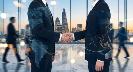 Global Business Handshake with Digital World Map Overlay - International Trade & Networking Concept