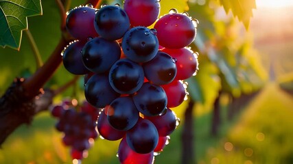Ripe red grapes with dew drops hanging in a sunny vineyard at sunset, cinematic macro shot for winemaking and agriculture. - Powered by Adobe