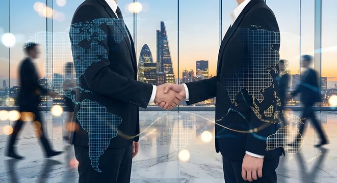 Global Business Handshake with Digital World Map Overlay - International Trade & Networking Concept