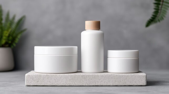 Small business branding mockup, A modern display of minimalist skincare containers on a textured surface, complemented by greenery in the background.