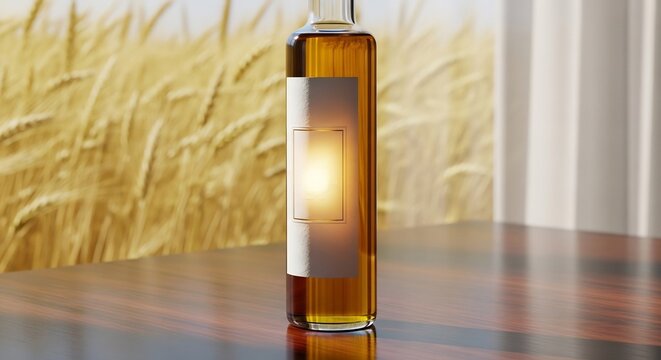 麦畑背景のオイル瓶、木製テーブル上