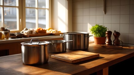 Sunlit kitchen counter with cookware spices and plant ready for cooking