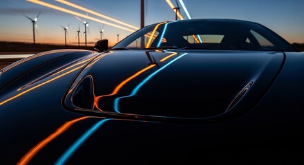 Obraz premium 黒いスポーツカー 夜の風景 反射光線 風力タービン