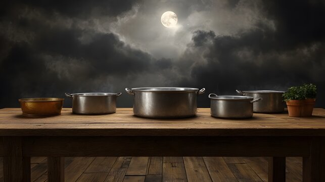 A rustic wooden table displays several metal pots and a potted plant under a dramatic moonlit stormy sky