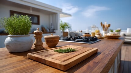 Obraz premium Outdoor kitchen counter with cooking essentials and fresh herbs bathed in sunlight