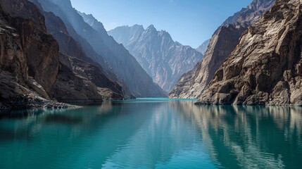 Obraz premium Attabad Lake Pakistan turquoise blue water surrounded rugged Karakoram mountains dramatic reflections clear skies scenic travel photography natural landscape high detail