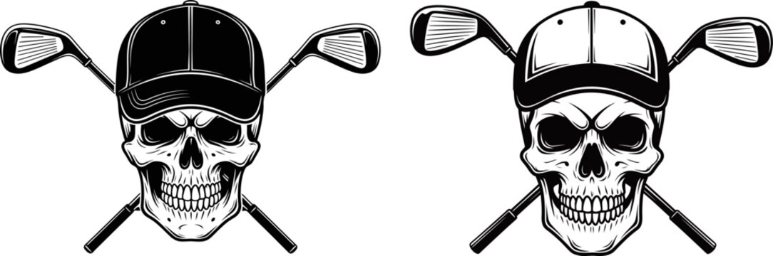 Skull Golf Logo with Crossed Clubs, Golfing skull with crossed golf clubs and a cap, golf, skull, sport, cap, clubs, Skull of golfer in cap and two golf sticks vector, skull-golf-crossed-clubs-vector