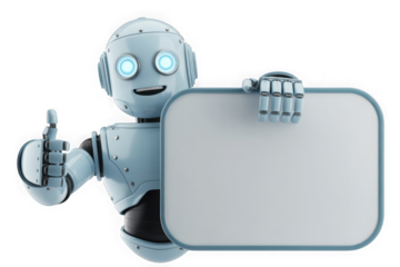 Cute blue robot holding blank rectangle board 3D