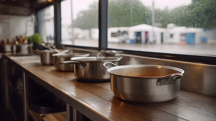 Stainless steel pots filled with food sit on a wet wooden counter in a kitchen with rain visible through the window