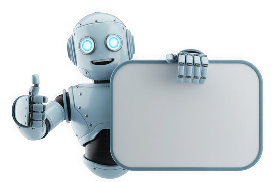 Cute blue robot holding blank rectangle board 3D