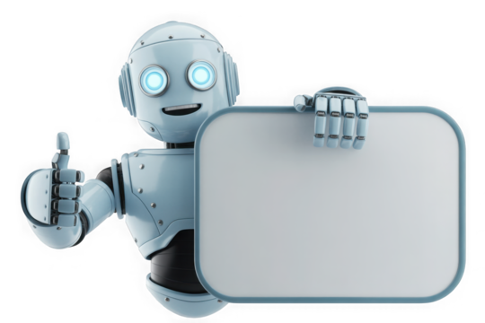 Cute blue robot holding blank rectangle board 3D