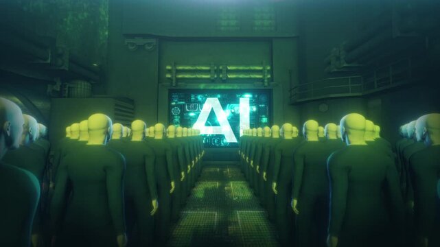 Faceless Crowd Facing Large AI Screen in Futuristic Control Room - 4K