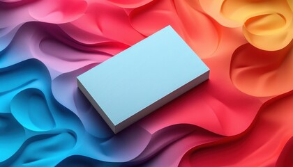 A light blue rectangular block rests on a vibrant multicolored abstract background