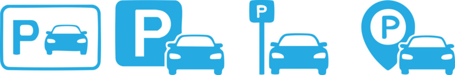 Parking Icon Set: A collection of parking icons in various styles, showcasing the symbol with car silhouette, ideal for navigation, direction, and city planning.