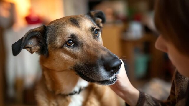 Gentle tooth cleaning captured from the side, dog&rsquo;s muzzle sharp, human faceless, defocused warm-toned room, with copy space