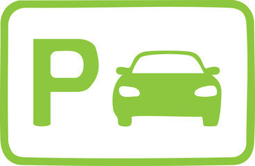 Parking Symbol in Green: A minimalist illustration of a parking sign, featuring the letter P alongside a car silhouette, all rendered in a vibrant green hue, signaling available parking spots.