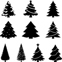 Fototapeta premium Set of nine christmas tree silhouettes in black and white perfect for holiday designs greetings invitations and festive decorations on a clean white background