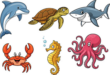 Cartoon Sea Animal Vector Set Featuring Dolphin, Turtle, Shark, Crab, Seahorse, Octopus — Fun Marine Creatures for Kids Design