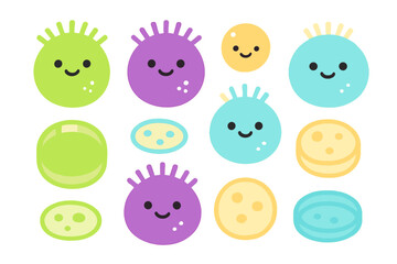 Cute cartoon germs and bacteria set with happy faces and bright colors