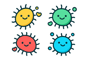 Set of four cute colorful cartoon microbes with happy faces and antennae