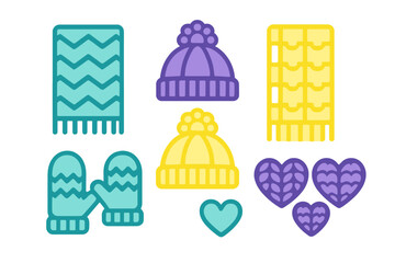 Colorful collection of knitted winter accessories including hats, scarves, mittens, and decorative hearts