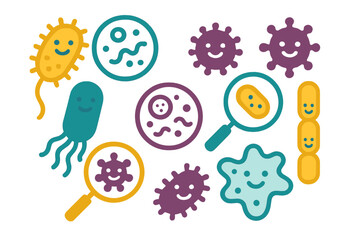 Colorful smiling microbes, germs, and bacteria characters in flat design style