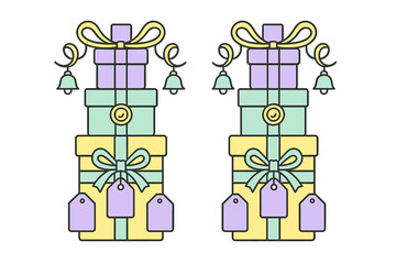 Pastel stacks of holiday gift boxes decorated with bows ribbons bells and blank tags for celebration events