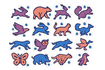 Stylized wild animals collection featuring forest mammals, birds, and a butterfly
