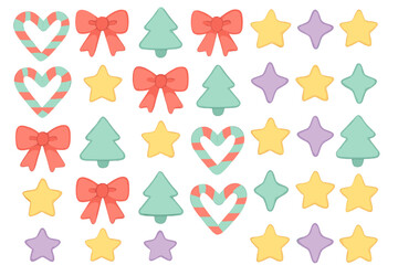 Cute pastel Christmas holiday elements seamless design with candy canes bows stars and trees