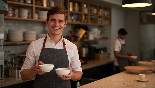 Barista Serves Customers at a Cozy Cafe in the Afternoon, Creating a Warm Atmosphere for Conversation