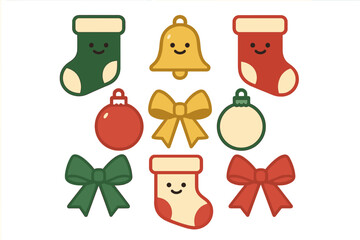 Cute Christmas holiday icons featuring smiling stockings, bell, ornaments, and decorative bows