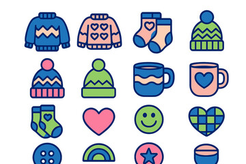 Colorful cozy winter icons featuring sweaters, hats, socks, mugs, and decorative symbols